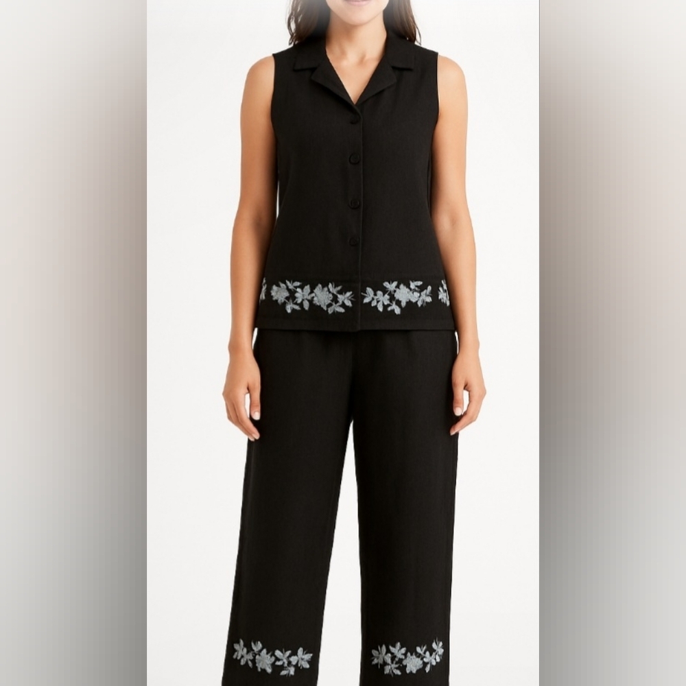 JOY Y PEACE  Set Pant & Blouse, Linen,Rayón, Black Color, Embroidery, Women's 2X